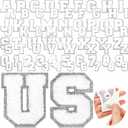 Jutom 72 Pcs Chenille Letter Patches Iron on Letter Number Patches Self Adhesive Chenille Embroidered Decals for Clothing (White with Silver Edge)