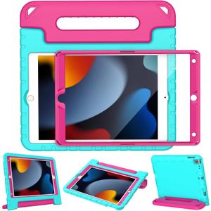 LTROP Kids Case for iPad 9th/ 8th/ 7th Generation (2021/2020/ 2019), iPad 10.2 Handle Stand Case - Turquoise and Rose