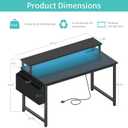Lufeiya Black Gaming Desk with LED Lights and Power Outlets, 40 Inch Teen Writing Study Table Home Office Desks with Monitor Stand, Computer Desk with Charging Station USB Port, Black