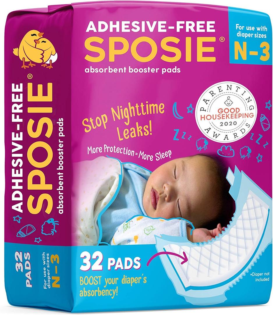 Sposie Booster Pads, Stop Overnight Diaper Leaks, Fits sizes Newborn 1 2 3, No Adhesive for Sensitive Skin, 32 ct