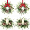 4 Pcs 9 Inch Christmas Wreaths for Kitchen Cabinet Artificial Norfolk Pine Hanging Wreath with Red Berry Pine Needles for Front Door Xmas Snowy Swags Wreaths for Christmas Winter Farmhouse Home Decor