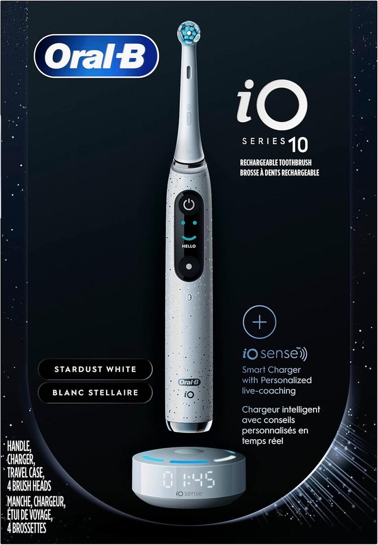 Oral-B iO Series 10 Rechargeable Electric Toothbrush with Visible Pressure Sensor to Protect Gums, 2 Min Timer, 7 Cleaning Settings, 4 Replacement Toothbrush Heads, and Charging Travel Case, White