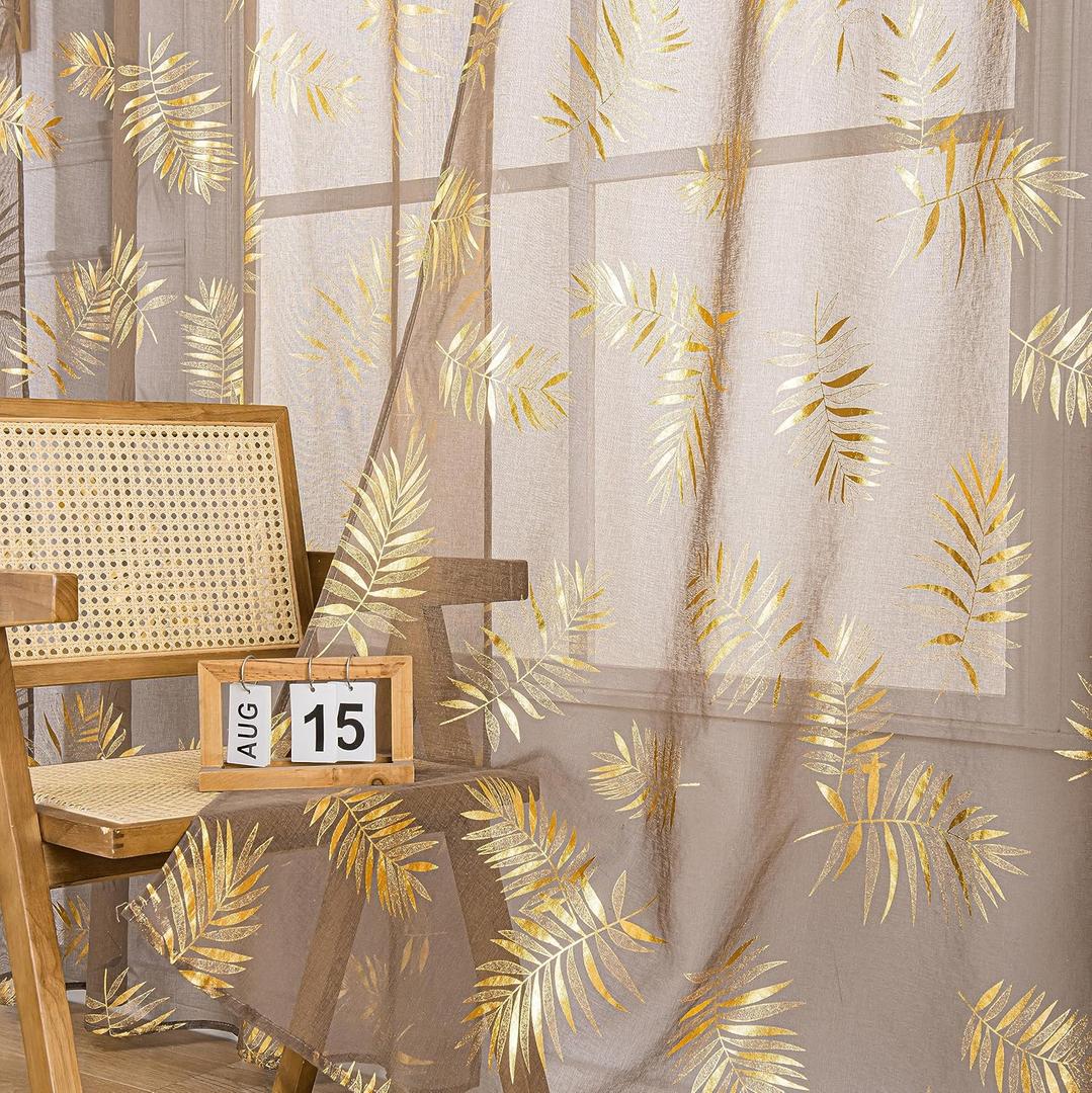Sutuo Home Taupe Sheer Curtains 96 Inches Long 2 Panels Set, Gold Foil Print Metallic Bronzing Tropical Leaves, Window Treatment Decor Drape Pair for Bedroom Living Room 52" W x 96" L