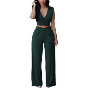 Pink Queen Jumpsuits for Women Dressy V Neck Sleeveless Wide Leg Long Pant Rompers Business Casual Outfits (S, Dark Green)