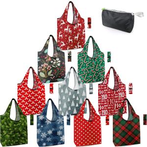 BeeGreen Christmas Reusable Grocery Bags 10 Pack Reusable Shopping Bags Bulk Christmas Gifts Tote Bags with Zipper Storage Pouch Elastic Band Foldable-Machine Washable