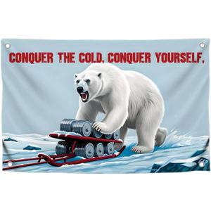 3x5 Feet Big Polar Bear Flag with Quote "Conquer The Cold, Conquer Yourself," with Four Brass Grommets - Polyester Animal Sports Banner for Indoor or Outdoor - Single Sided Posters for Home Gym