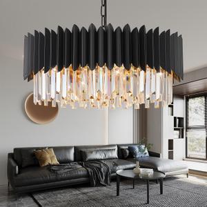 Modern 23.62" Black Crystal Chandelier 8-Lights 3 Tiers Round Chandeliers K9 Crystal Ceiling Pendant Light Fixtures for Living Room Dining Room Bedroom Foyer Entryway
