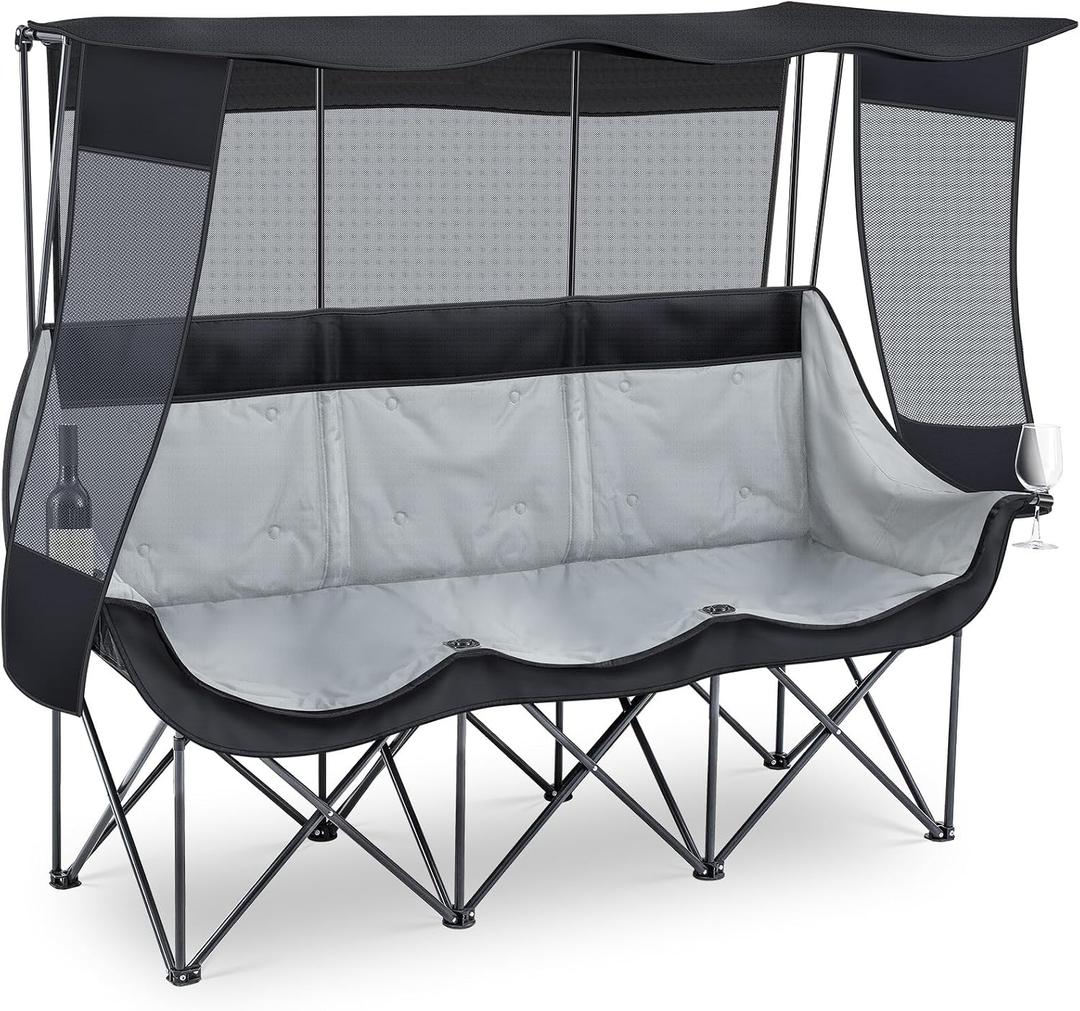 Teenyyou 3 Person Camping Chair with Canopy Shade 700lbs Heavy Duty Oversized Beach Camping Chair with Thick Cushion Cup Holder and Carry Bag, Foldable Portable Sofa for Lawn Beach Outdoor(Black)