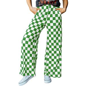 IWOLLENCE Women's Casual Loose Checkered Wide Leg Pants High Waist Straight Lounge Y2K Gingham Trousers Summer (X-Large, Cd-green White)