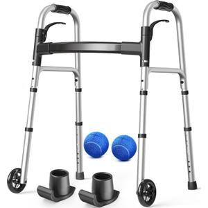 Folding Walker with 2 Precut Tennis Balls, Lightweight Walkers for Seniors with Wheels, Support Up to 350 lbs, Height Adjustable Standard Compact Walker & Ski Glides