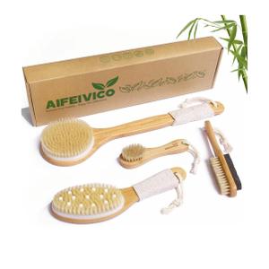 Dry Brushing Body Brush, Natural Boar Bristle Dry Brush, Bamboo Exfoliating Body, Face, Foot, Long Handle Back Scrubber Brush, Meridian Pressure for Lymphatic, Cellulite