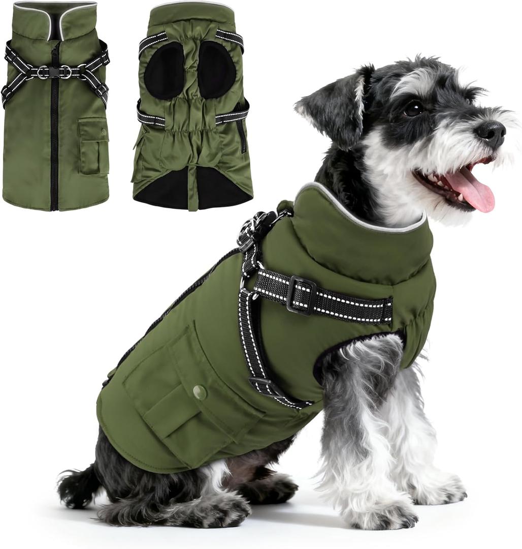 Dog Winter Coat with Harness Built-in | Waterproof Dog Jacket with Zipper & Fleece Lining | Reflective Cold Weather Coat for Small Medium Large Dogs (Army Green, Medium)