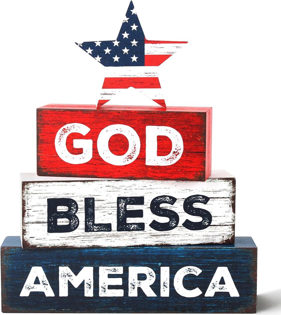 3 x 4 Pcs 4th of July Patriotic Wooden Tiered Tray Decor, Independence Day Decorations Gifts for Home, Memorial Day Red White Blue Table Centerpiece for 250th Anniversary Office Party Shelf Kitchen