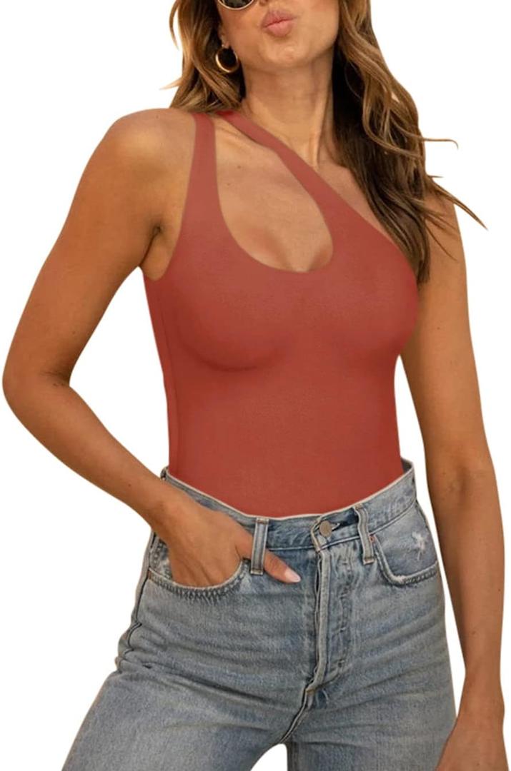 REORIA Butsmooth Women's Trendy Sexy Plunge One Shoulder Sleeveless V Backless Going Out Tank Bodysuits Tops, S