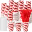 100 Set Red Stripe Paper Cups Bulk with Lids and Straws Disposable Paper Cups for Circus Carnival Party 12 oz Drinking Birthday Supplies for Coffee Juice (Twill)