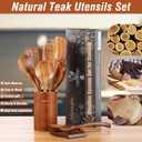9 Piece Natural Teak Wooden Kitchen Utensil Set with Spoon Rest - Comfort Grip Cooking Spoons and Utensils Holder