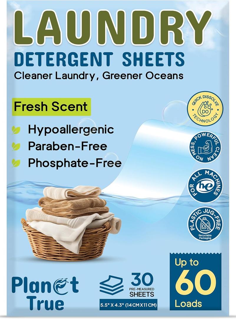 Eco-Friendly Laundry Detergent Sheets  60 Loads (30 Sheets) Fresh Scent  Concentrated, Quick-Dissolve, Travel-Friendly & Hypoallergenic  No Phosphate, Bleach or Dyes (30 Count (Pack of 1))