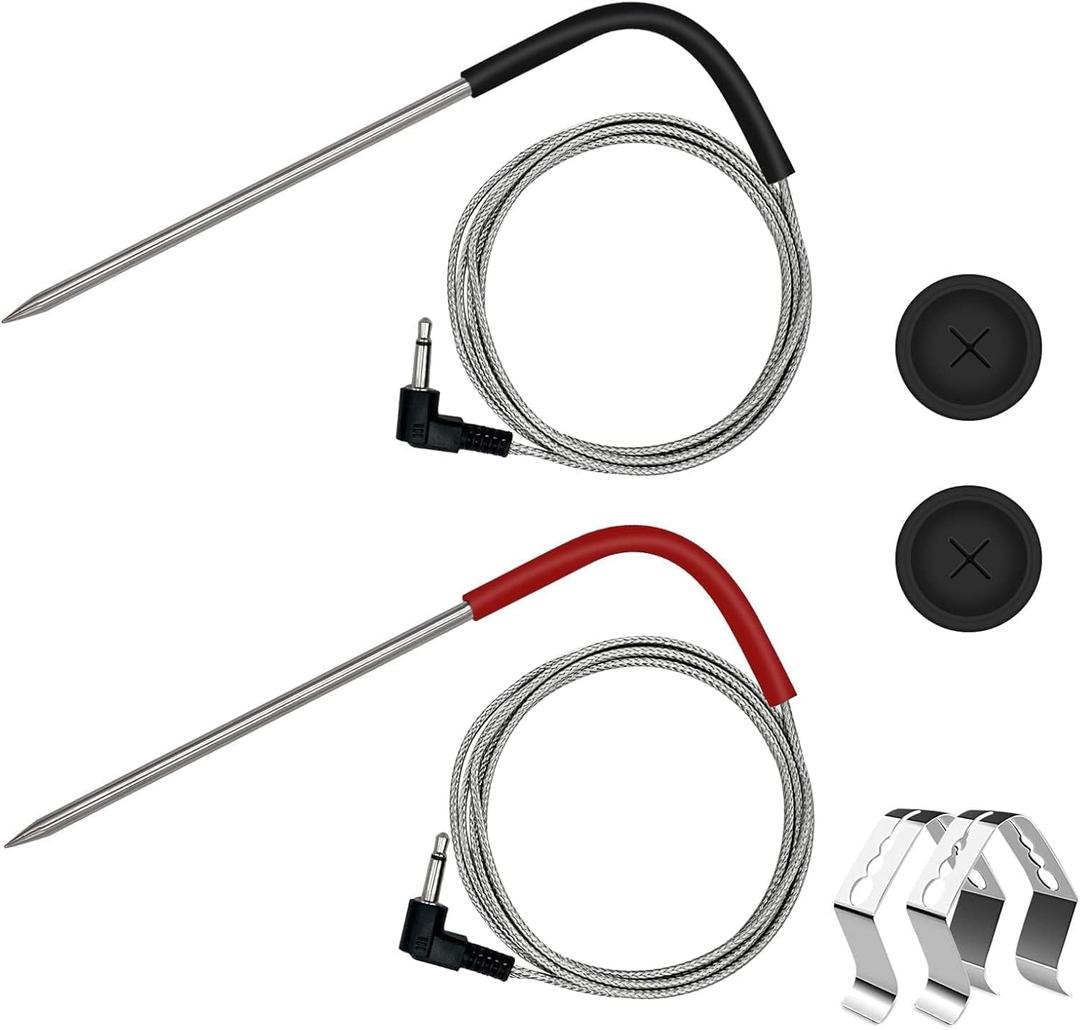 2-Pack Temp Meat Probe Replacement for Pit Boss Pellet Grills and Smokers, 3.5 mm Plug Thermometer Probes with 2 PCS Probe Grommets and Clips