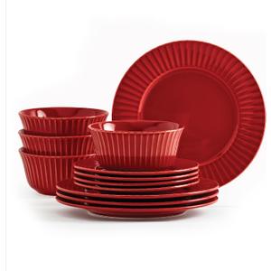 Tabletops Gallery Richmond 12-Piece Reactive Glaze Stoneware Dinnerware Set of Kitchen Dishes, Dinner Plates, Cereal Bowls, Service for 4, Red