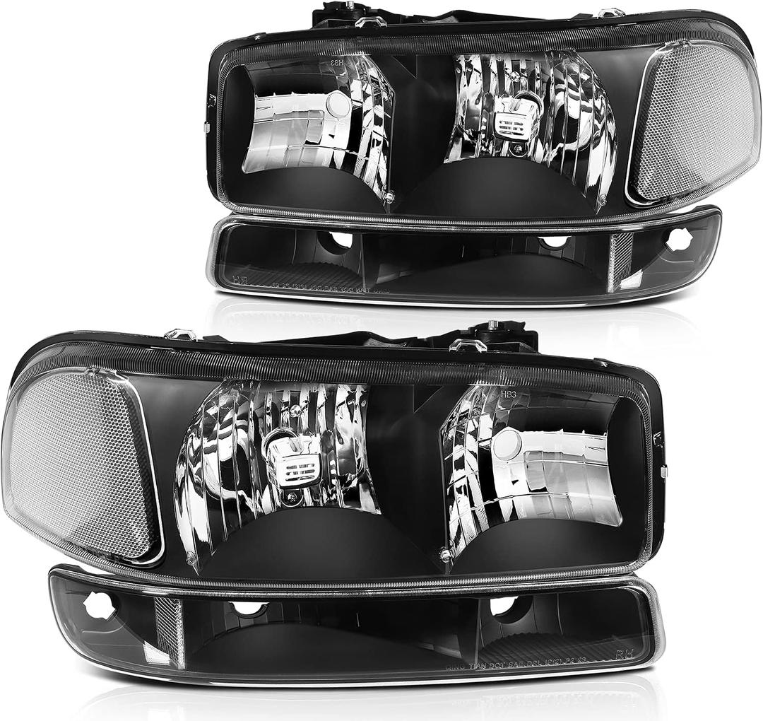 ECCPP Headlight Assembly Black Headlights+Bumper Light Lamp for GMC For Sierra 1500 2500 3500,1500 HD 2500 HD,1500 HD/2500 HD/3500 Classic,for GMC Yukon,for GMC Yukon XL 1500 2500 1999-2007 (Black Housing Clear Reflector Clear Lens)