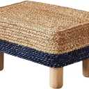 Wimarsbon Natural Seagrass Footstool Ottoman Rectangular Footrest Pouf Ottomans with Wooden Legs Hand Weave Step Stool for Living Room Bedroom Entryway Blue, 12"D x 16.5"W x 9.5"H