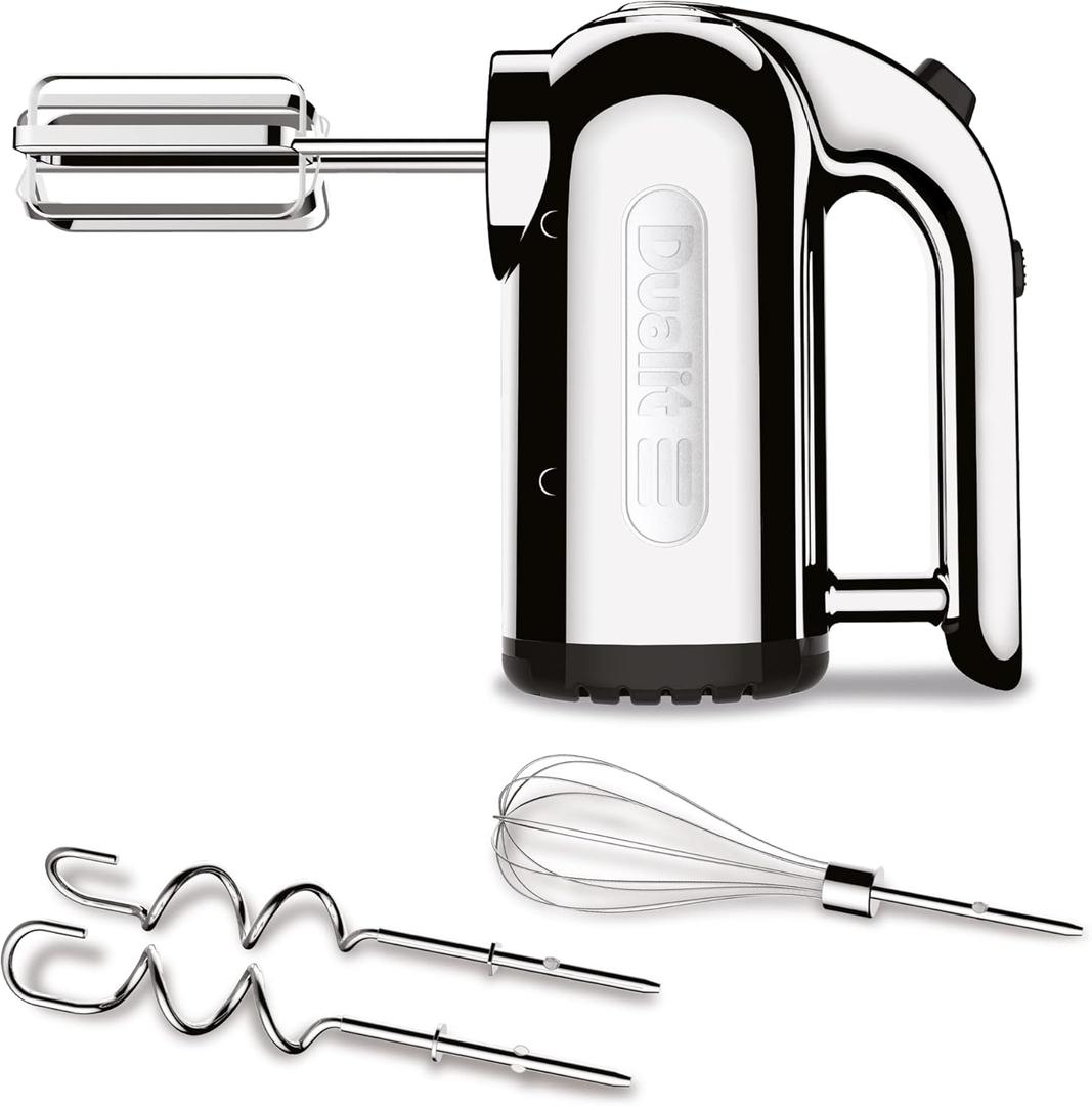 Dualit Hand Mixer - 300W- Strong Grip Handle - Attachments Included - Integral Plug Storage - 4 Speed Settings - Repairable gears - Flat Beaters, Dough Hooks, Balloon Whisk (One Size, Chrome)