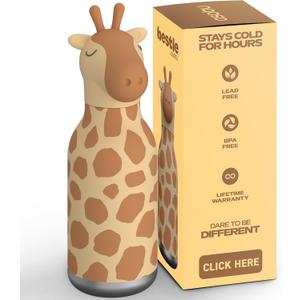 asobu Bestie Bottle Insulated Stainless Steel Water Bottle with Detachable Soft Animal Head Fun Drinking For Kids and Teens16 Ounce with Flexible Reusable Straw (GIRAFFE)