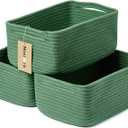 Small Storage Baskets for Organizing | Closet Organizer Bins | Shelf Toy Basket | Woven Rope Baskets | Cube Decorative Box | Shallow Basket | 13x8.5x5.1 | 3 Packs Green