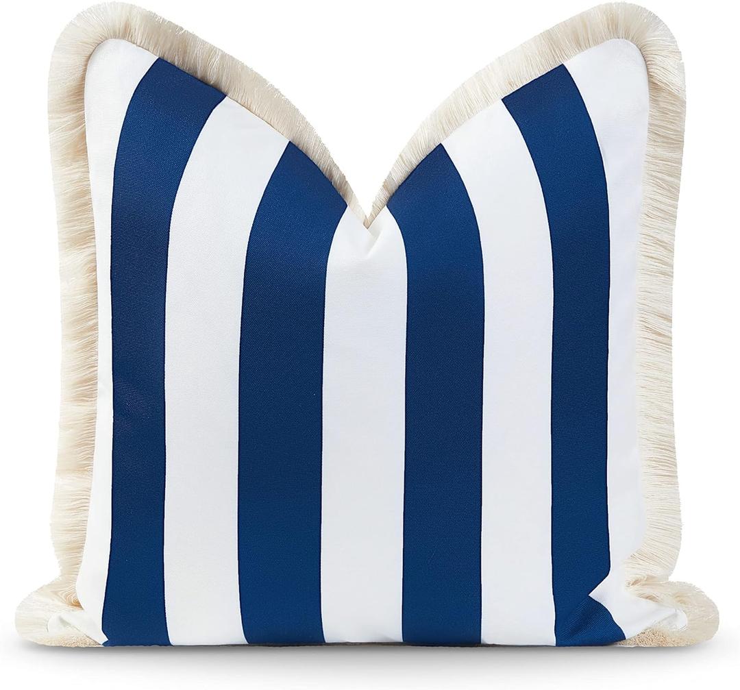Hofdeco Premium Coastal Hampton Style Patio Indoor Outdoor Pillow Cover Only, 20"x20" Water Resistant for Backyard, Couch, Navy Blue Stripe Fringe (Navy Blue Stripe 20"x20")