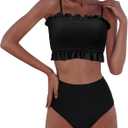 RXRXCOCO Womens Shirred Bandeau Bikini Cute Two Piece Swimsuit Off Shoulder High Waist Bathing Suit (Black, L)