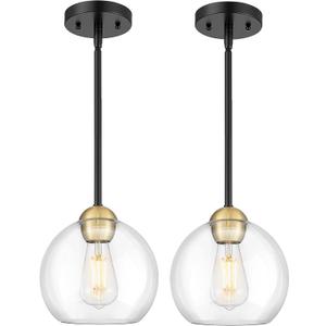 Emak Modern 8 Inch Glass Pendant Lights Kitchen Island, 2 Pack Black and Gold Pendant Light Fixtures, Farmhouse Globe Island Lights for Kitchen, Dining Room, Bathroom, PL121-BKBGD-CG-2PK