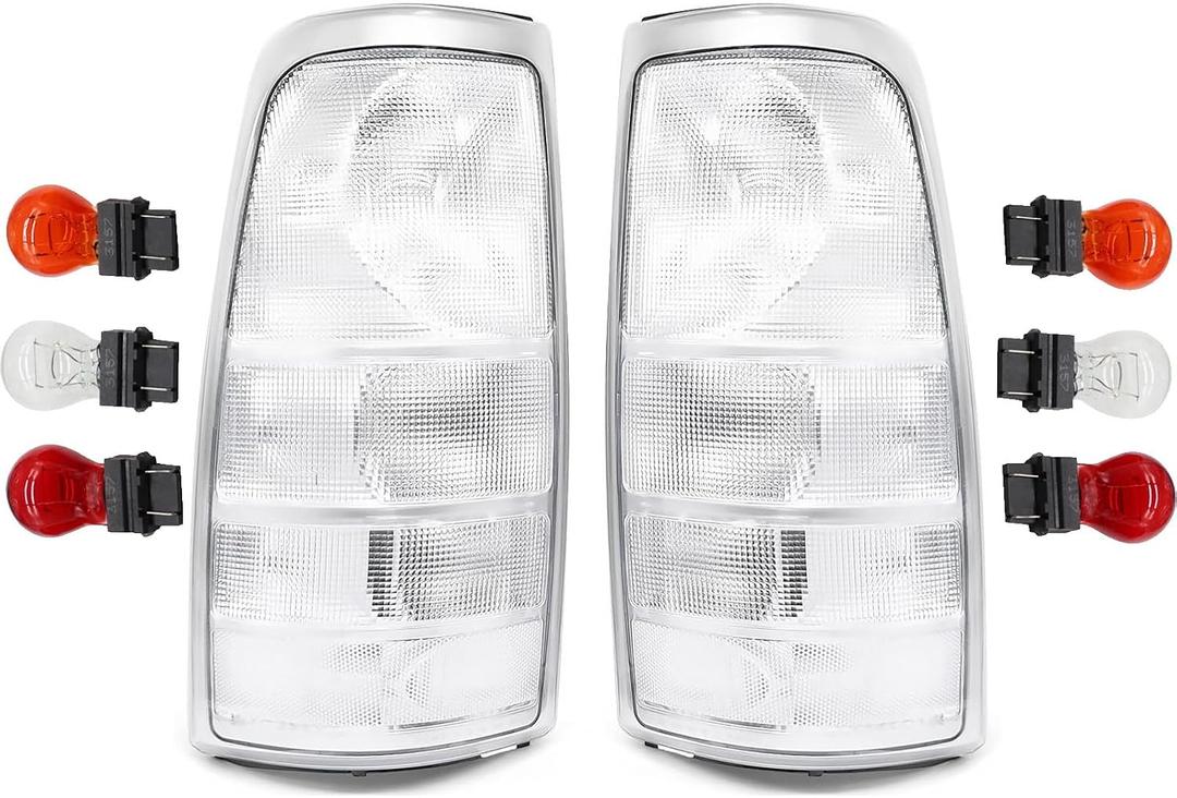 1 Pair Tail Light Rear Lamp Compatible with 1999-2002 Silverado 1500 2500/1999-2007 Sierra 1500 2500 3500 Driver and Passenger Side With Bulbs Both Lights Taillights, Chrome Clear Lens