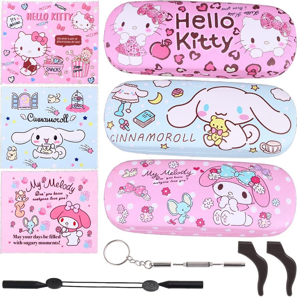 Cute Cartoon Hard Shell Eyeglasses Cases Protective Case Storage Box With Glasses Cloth Eyeglass Strap for Girl Teen (Set3-1)