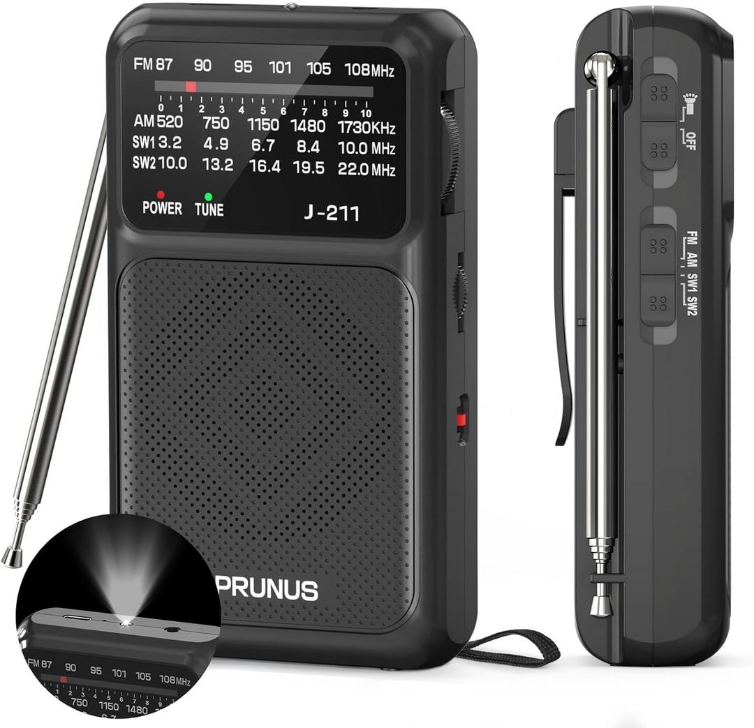 PRUNUS J-211 Portable Radio AM FM with USB C Charging and AA Battery Operated, Transistor Radio, Strong Reception& Clear Speaker, Headphone Jack, Back Clip, Lanyard, Small Radios Portable AM FM