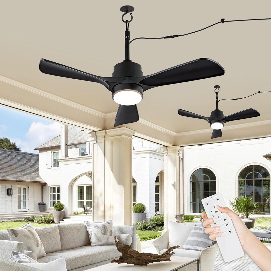 42" Gazebo Fans Outdoor Hanging with Remote Waterproof,Outdoor Ceiling Fan for Patios with Light, Plug in Cord Outlet Hook Wet Rated for Outside Porch, Pergola-Black+20" Downrod (42 inch, Black Matte)