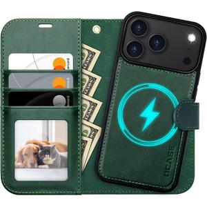 OCASE for iPhone 17 Pro Detachable Wallet Case with Card Holder, 2 in 1 PU Leather Flip Folio with RFID Blocking Stand Wrist Strap Shockproof Phone Cover 6.3 Inch 2025, Blackish Green