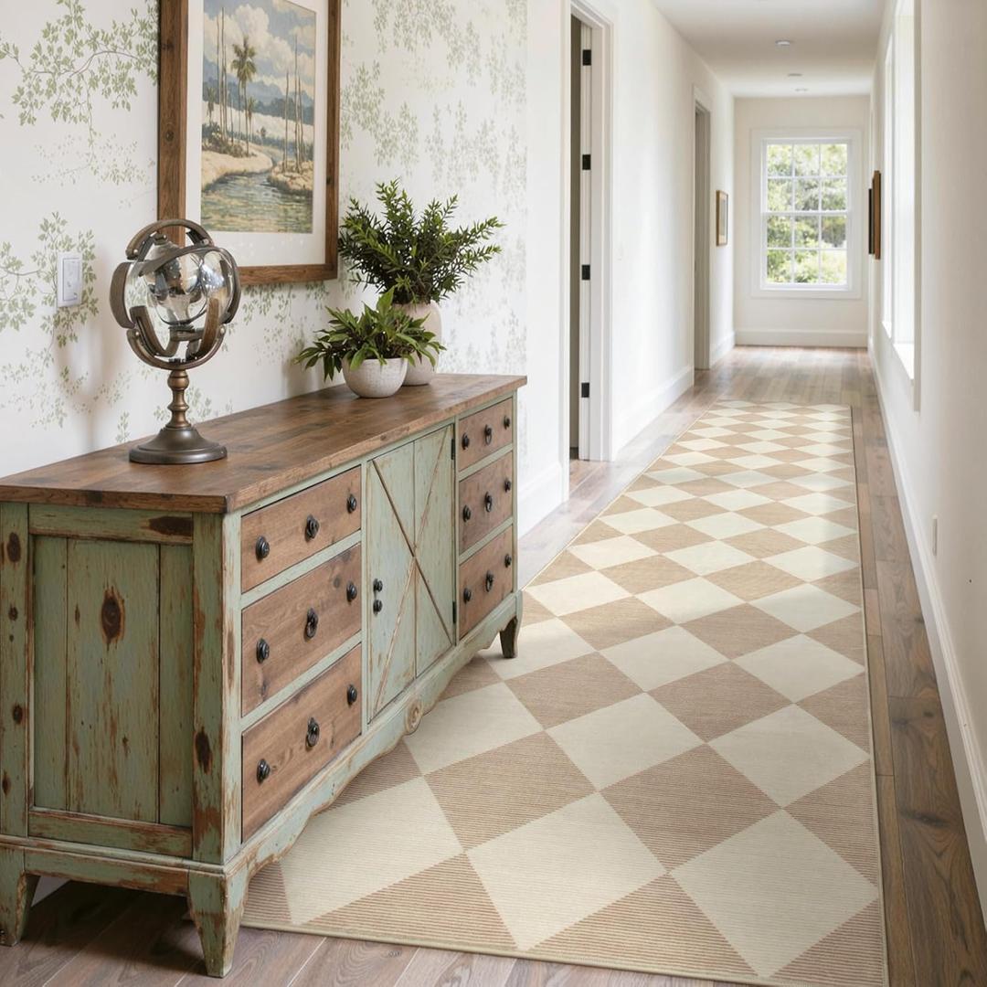 Beeiva Checkered Print Carpet Runners for Hallway 12ft, Beige Neutral Washable Long Hallway Runner Rug 2.5x12, Moroccan Gingham Diamond Carpet Ultra Thin Faux Wool Rug for Kitchen Decor