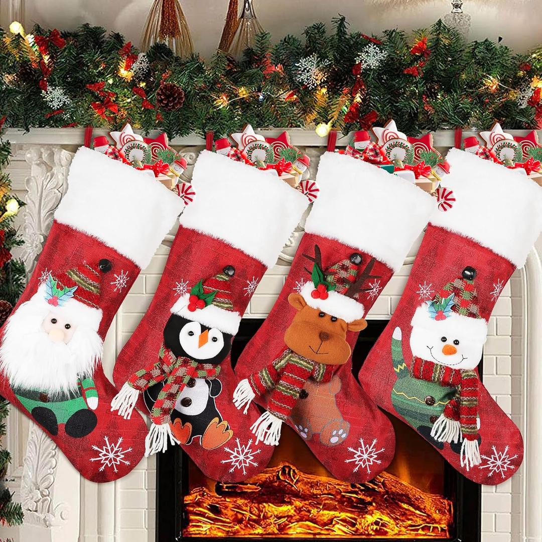COOLWUFAN Christmas Stockings 4 Pack, 19'' Xmas Stockings with Snowflake Santa Snowman Reindeer Penguin and Plush Faux Fur Cuff Stockings for Stairs Fireplace Hanging Xmas Home Decor