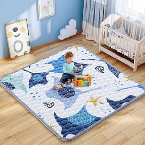 omzer Baby Play Mat 50x50inch - Thick & Soft Baby Crawling Mats for Floor - Machine Washable Cushioned for Playpen - Non-Slip Playmats for Babies Toddlers Tummy Time Indoor&Outdoor, Blue