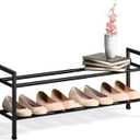 Bumusty 2 Tier Expandable Shoe Rack for Closet, 18-33 Adjustable Shoe Rack for Small Space, Small Shoe Organizer for Front Door, Sturdy Metal, Black