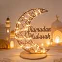 Ramadan Decorations Lights for Home, Wooden Ramadan Crescent Lights Decor Table Decor Eid Al Adha Lanterns Centerpiece with Star Ornament Islamic Home Table Moon + Text 15.74 * 11.81 * 0.35in