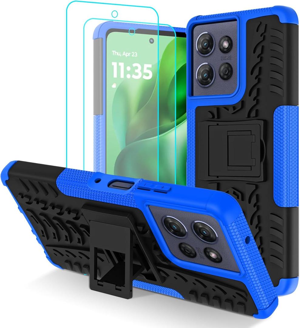 for Motorola Moto G Power 5G 2025 Case/Moto G Play 2025 Case with 2 Pack Screen Protector, Military Grade Shockproof Phone Case Heavy Duty Robust Bumper Cover with Kickstand, Blue (Moto G Power 5G 2025, Blue)