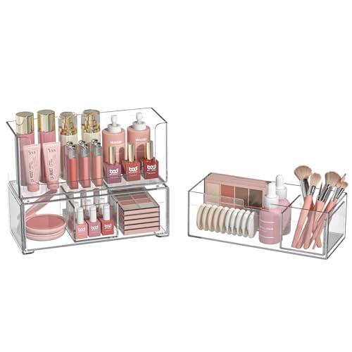 Bathroom Drawer Organizer Stackable Storage Drawers Clear Plastic Storage Bins Medicine Cabinet Organizer Makeup Organizers w Removable Divider Home Workspace Office Desktop Vanity Gift Idea 2Pack