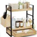 2-Tier Bathroom Counter Organizer with Drawer and Basket, Wood Countertop Organizer for Storage, Skincare Organizers for Vanity, Counter Shelf for Bathroom Organization (Light Brown)