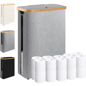 Extra Large Toilet Paper Storage Basket with Lid 49L Slim Toilet Paper Basket Holder Bin Container Organizer for Bathroom Hold up to 20 Regular Rolls or 15 Mega Rolls (Grey)