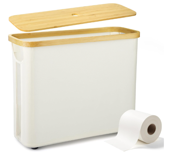 Railhorn Toilet Paper Storage for Bathroom, Slim Basket Holder with Bamboo Lid, Foldable Organizer with Handle, Freestanding Stand for Small Spaces