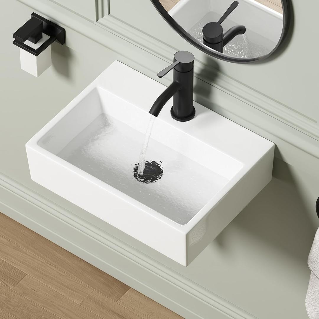 Wall Mounted Bathroom Vessel Sink, QISHKA 19" X 14" Rectangular Floating Ceramic Wash Hand Basin White Wall Hung Vanity Sink for Bathroom and Cloakroom