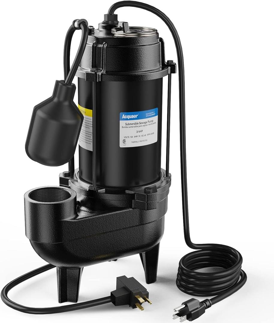 Acquaer 3/4HP Submersible Sewage Effluent Pump, Cast Iron, 115V 6400 GPH Automatic Tethered Float Switch, Sump Pump for Sump Basin, Basement, Residential Sewage, 2'' NPT Discharge