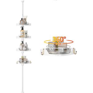 Shower Caddy Tension Pole with 4 L-Lazy Susan Organizer 360 Rotating 35-128 Inch No Drilling Floor Standing Shelves Adjustable Shower Rack for Bathroom Corner (White) (4 Tier-Rotation)