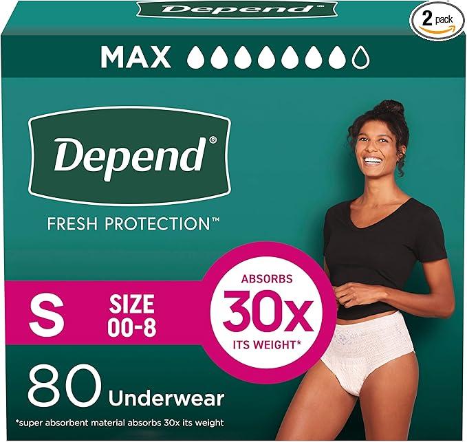 Depend Fresh Protection Adult Diapers, Incontinence & Postpartum Bladder Leak Underwear for Women, Disposable, Maximum, Small, Blush, 80 Count (2 Packs of 40), Packaging May Vary